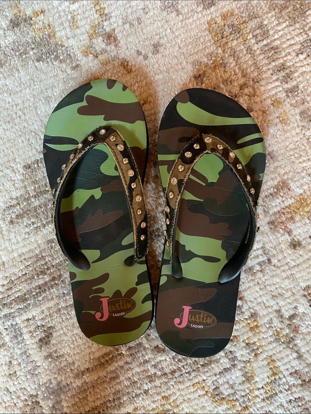 Justin Boots Camo Studded Flip-Flops in Green and Brown